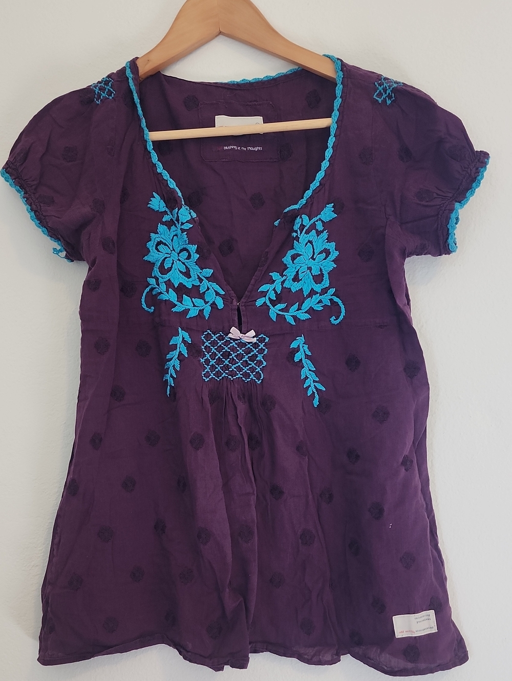 Odd Molly Womens Eggplant Peasant Top with Tourquiose Embroidery
